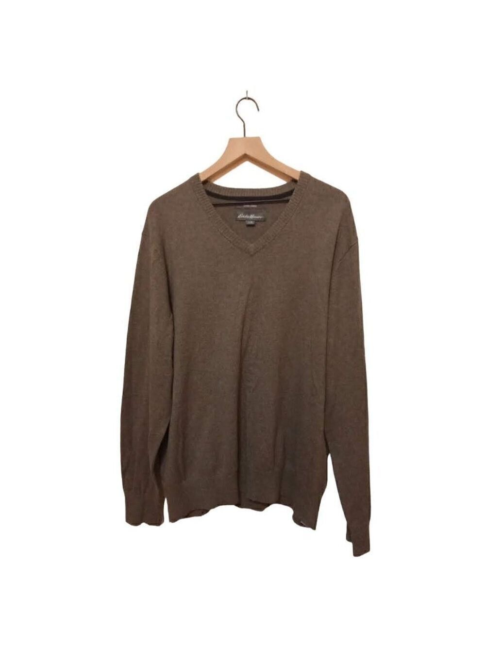 EDDIE Bauer Heather Tan Cotton Cashmere V-Neck Sweater Sz XL